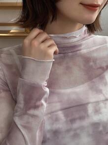 FRIFUL 女式扎染立领上衣，荷叶边透视长袖女式上衣，秋季女装高领衫