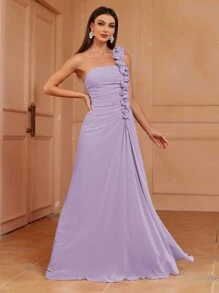 SHEIN Belle Vestido de Dama de Honra com Decote Assimétrico e Linha A, com Pregueados 3D, Babado (Adulto) Elegante Vestido de Festa, Formatura, Jantar, Casamento - Lavanda - Visão 2
