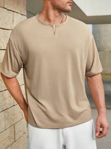 Manfinity Homme 男士加大尺碼純色休閒t恤 - 卡其色 - 查看 5