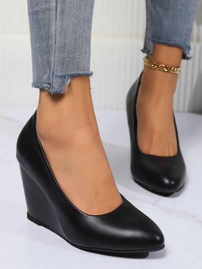 Women's Wedge Thick Bottom Slip-On Shoes, Fashion For Wedding, Party, Vacation, Work, Formal Occasions, Black High Heels For Daily Wear