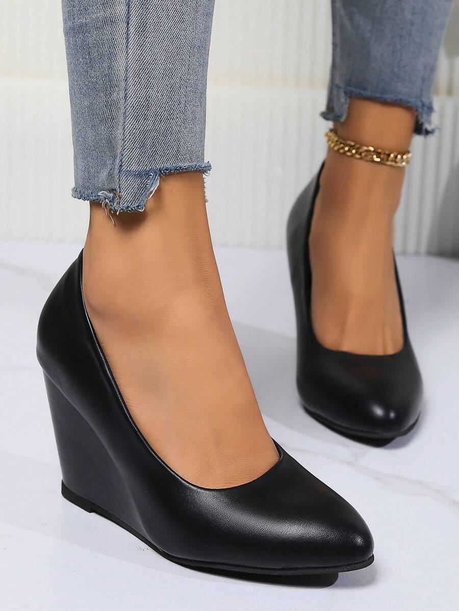 Women's Wedge Thick Bottom Slip-On Shoes, Fashion For Wedding, Party, Vacation, Work, Formal Occasions, Black High Heels For Daily Wear