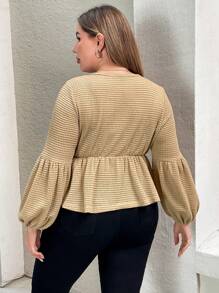 SHEIN Essnce Plus Size Women's Fashionable Casual Versatile Spring And Summer Women's New Textured Waffle Fabric Button Decoration Babydoll Long-Sleeved T-Shirt - Camel - View 2