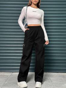 SHEIN EZwear 女款多拉鍊收褶高腰褲 - 黑色 - 查看 5