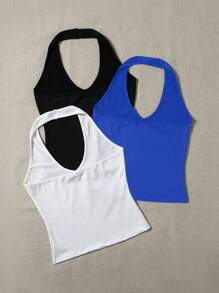 SHEIN EZwear Top Con Cuello Halter De Color Liso - Multicolor - Ver 2