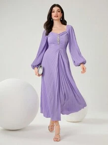Modelyn 女性鑽石裝飾燈籠袖連身裙 - 紫色 - 查看 2