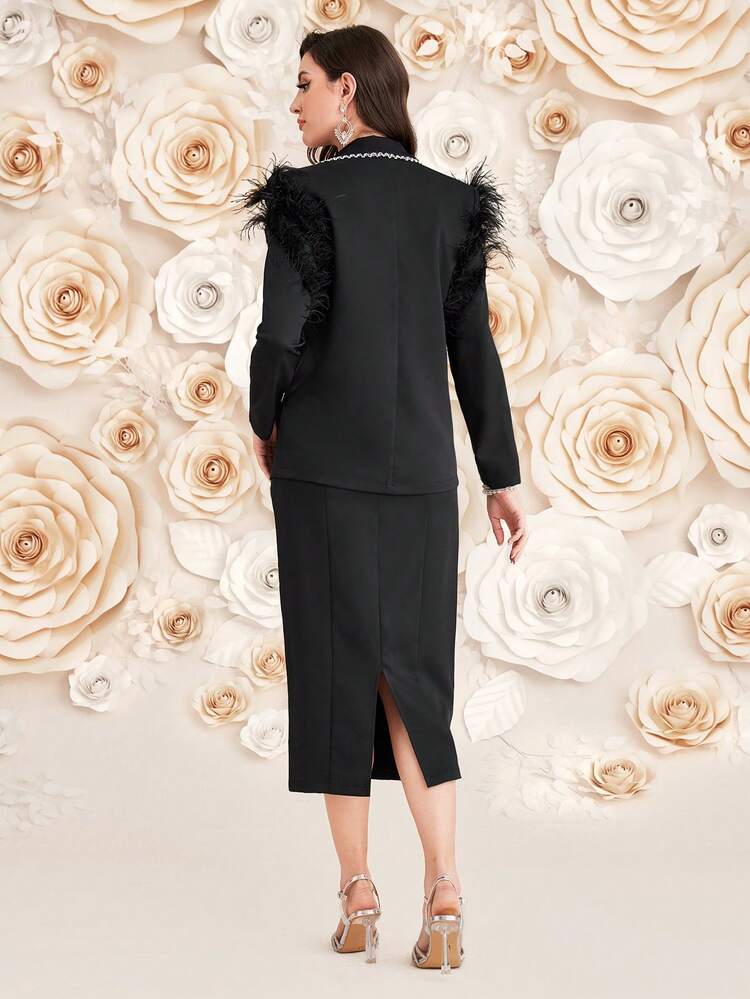 Women Autumn Patchwork Ribbon Stand Collar Long Sleeve Jacket & Fitted Tube Top Dress Elegant Suit Set 2 Piece Set