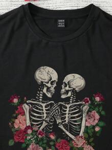 SHEIN EZwear 女士黑色休閒浪漫t恤,印有骷髏和花卉圖案,適合情人節 - 黑色 - 查看 3