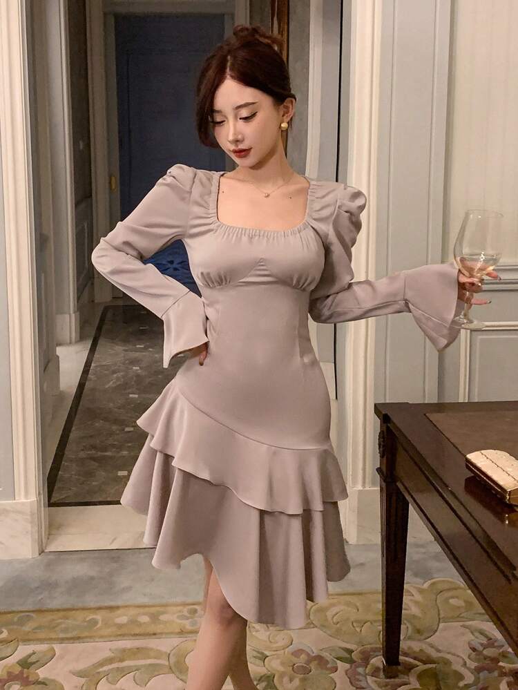 Women'S Square Neckline Flared Sleeve Dress, Birthday Prom Dress,Ruffle,Mini Dress,Fall Dress Long Sleeve Dress