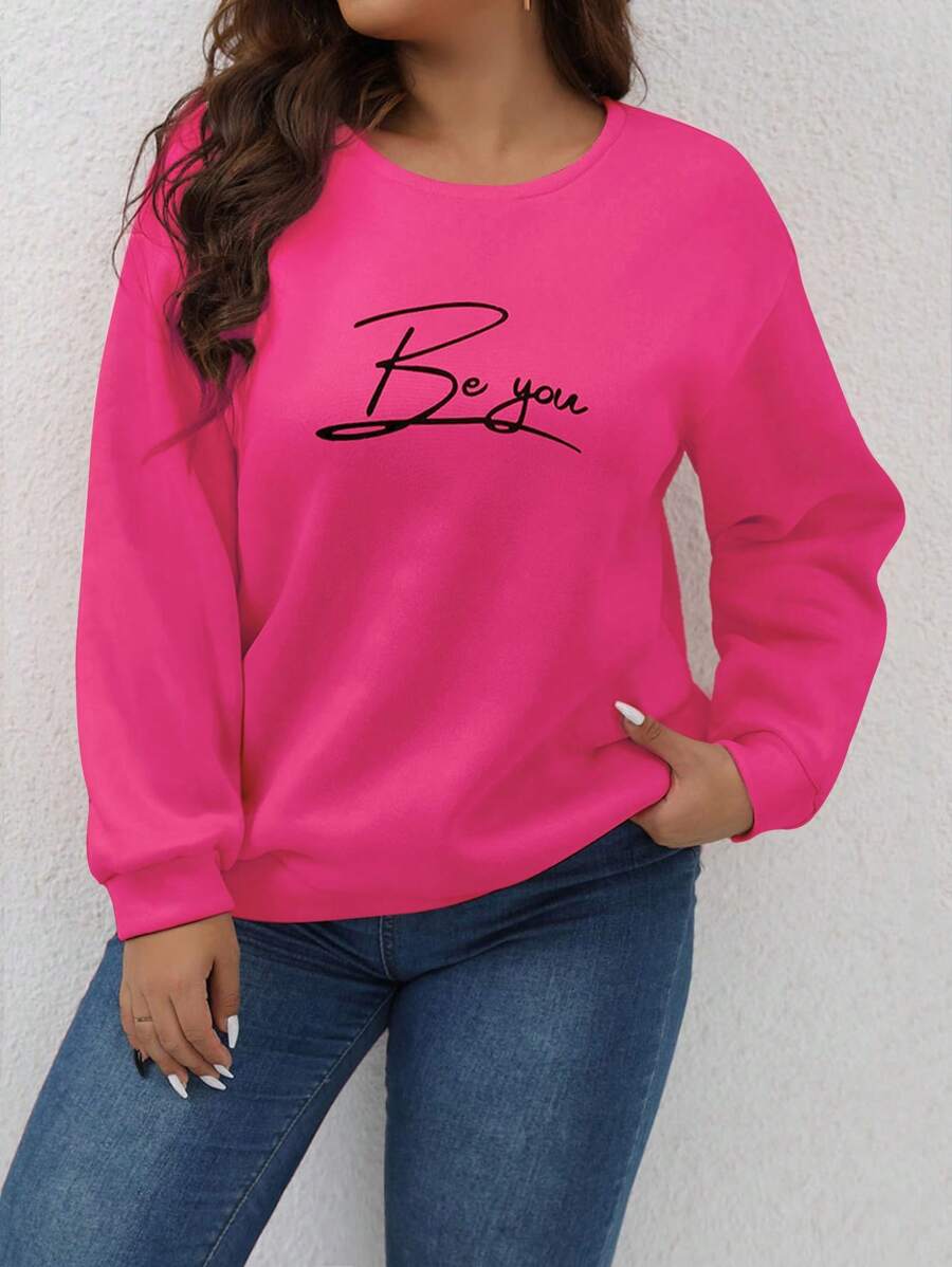 SHEIN Franclia Plus Size Letter Print Crew Neck Sweatshirt - Hot Pink - View 1