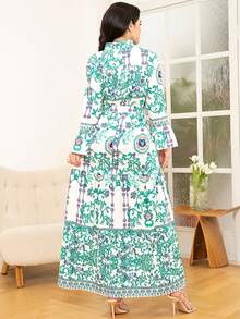 Elegant V-Neck Floral And Plant Button Belted Long Sleeve Dress - Multicolor - View 2