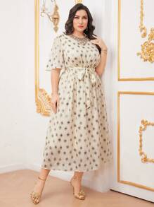 Modelyn Plus Size Leopard Print Belted Dress Long Evening Dresses - Khaki - View 7