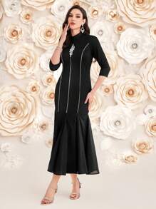 Modelyn Women's Stand Collar Ruffled Hem Dress Long Evening Dresses - Black - View 5