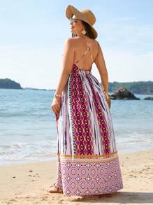 SHEIN VCAY 夏季海灘風格印花露背連衣裙 - 彩色 - 查看 4