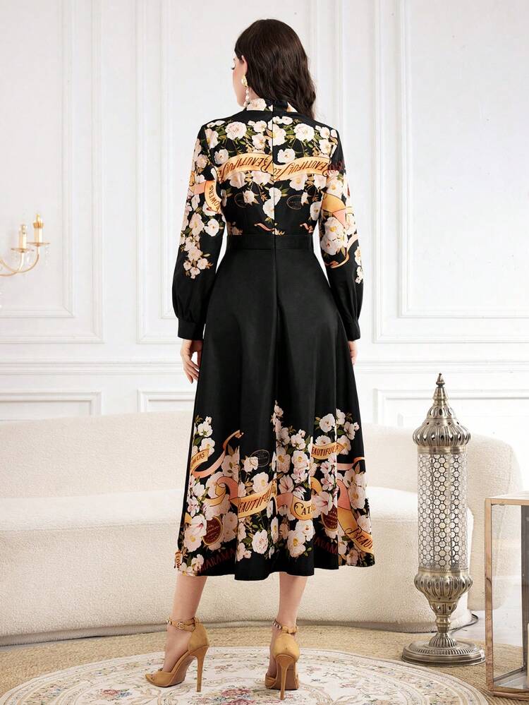 Ladies' Stand Collar Floral Printed Long Sleeve Dress