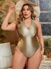 SHEIN Swim Curve Traje de baño de una pieza con escote en V y espalda descubierta en talla grande para verano