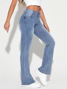 SHEIN Tall 女款洗水漸變喇叭牛仔褲 - 中等水洗藍 - 查看 4