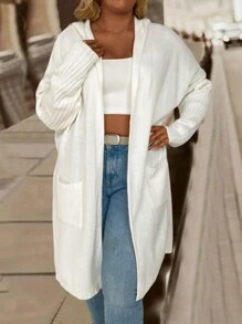 大码双口袋蝙蝠袖开衫，适合冬季 - 白色 - 查看 4