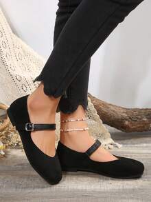 女性黑色方扣裝飾舒適平底鞋,時尚優雅瑪莉珍平底鞋 - 黑色 - 查看 3