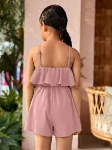 SHEIN Young Girl Casual Solid Color Halter Neck Romper - Pink - View 2