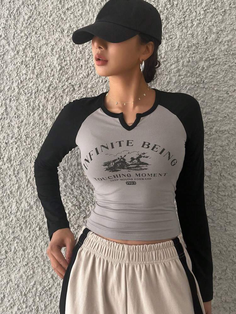 Color Block Raglan Sleeve Printed Slim Fit Long Sleeve Women's T-Shirt With Notched Neckline INFINITE BEING TOUCHING MOMENT KEEP MOVING FORWARD 1903,Fall Clothes Graphic Tee