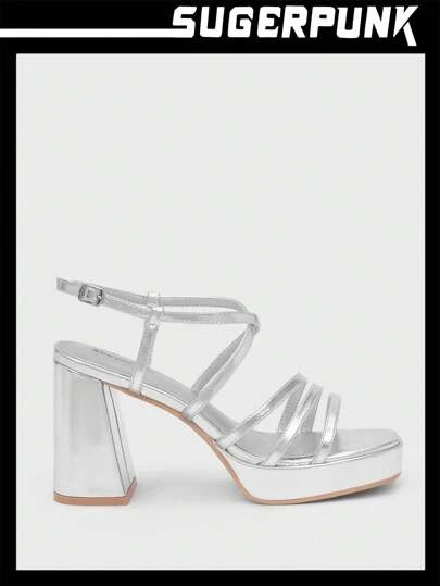 Sugerpunk Women's Elegant High Heel Party Sandals, Solid Color With Stripe Waterproof Platform For Christmas