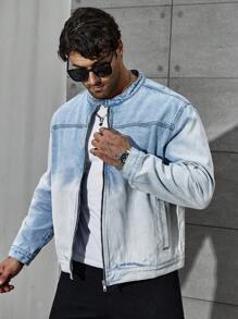 Manfinity Homme Nam Kích thước lớn Biến đổi dần Áo khoác denim Với Mặt trước Dây kéo - Rửa trung bình - Xem 7