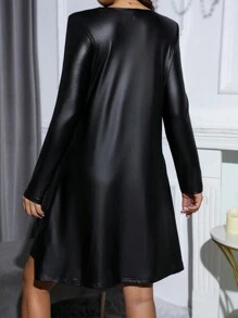 SHEIN Clasi Round Neck Long Sleeve Pu Leather Dress - Black - View 2