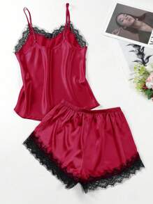 SilkySpell 2pcs/Set Silk Imitation Lace Splicing Camisole Top & Shorts Pajama Set