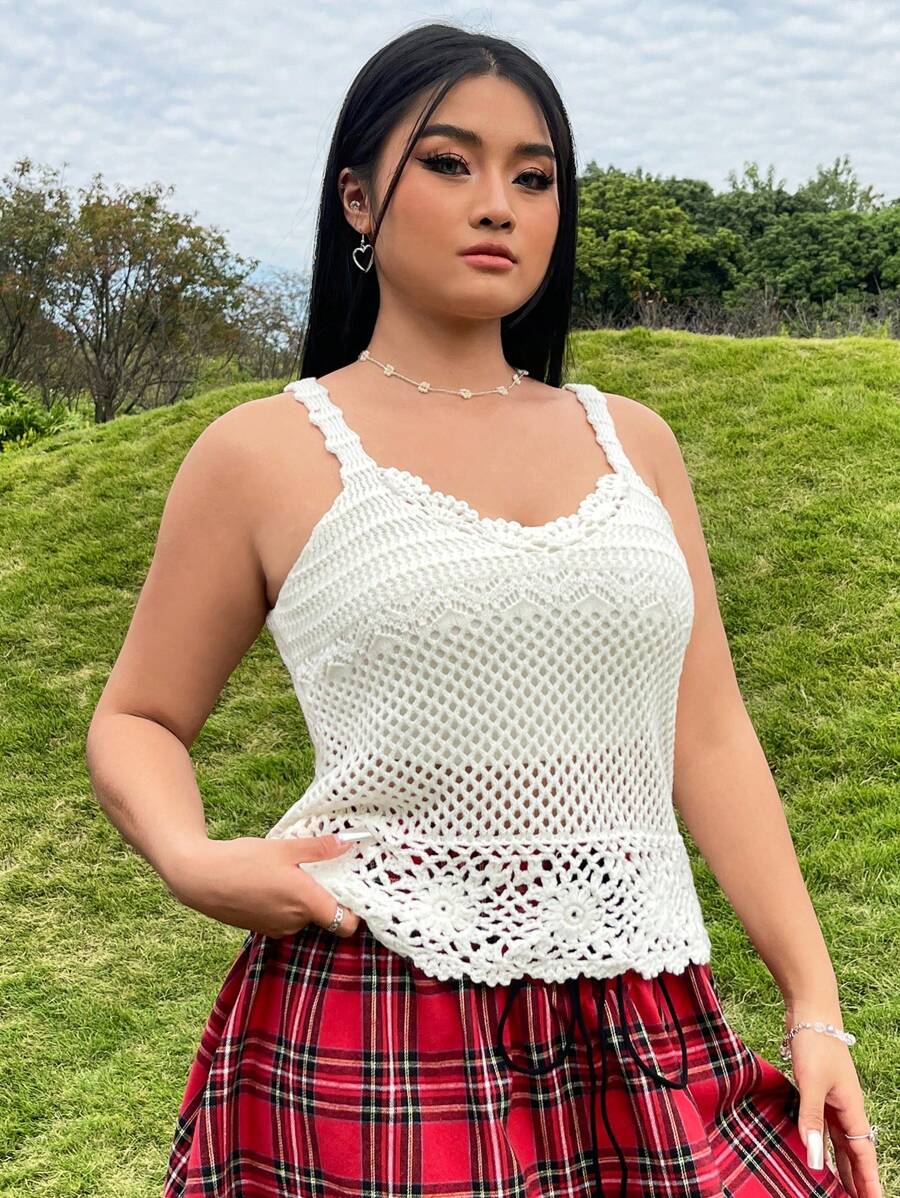 SHEIN EZwear Kích thước lớn Màu thuần Xu hướng: Cắt giảm Dệt kim Áo - trắng - Xem 1