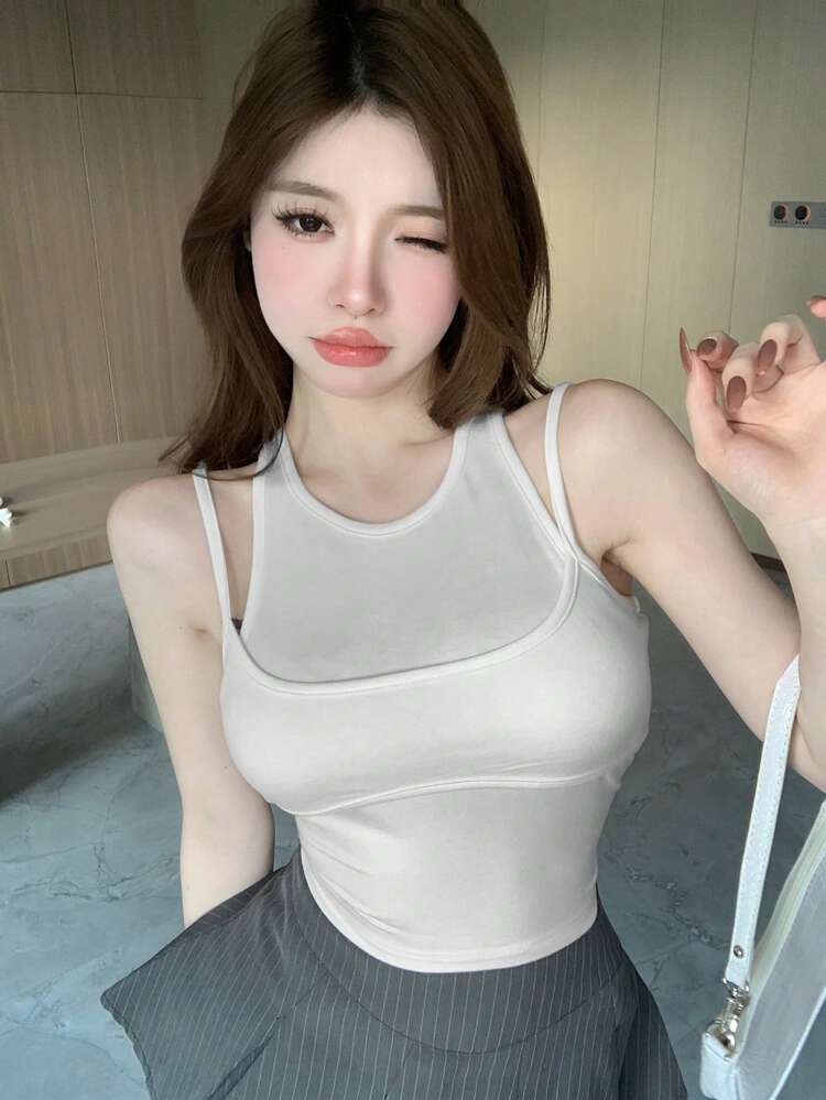 Solid Color 2 In 1 Slim Fit Cropped Women'S Tank Top For Summer