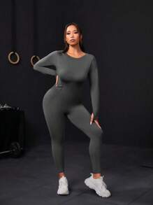 SHEIN Rhythm Era Plus Size Solid Color Thumb Hole Bodycon Sports Jumpsuit - Grey - View 5