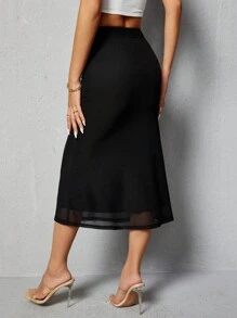 SHEIN PETITE 女式純色魚尾裙 - 黑色 - 查看 2