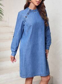 SHEIN LUNE Women'S Short Denim Dress With Diagonal Button Closure