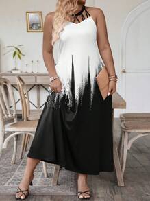 SHEIN Clasi Vestido De Talla Grande Con Cuello Halter Y Gradientes De Colores - Blanco y Negro - Ver 1