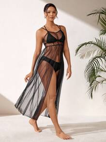 SHEIN Swim 1 件女式高开叉网眼下摆细肩带罩衫连衣裙音乐节夏季 - 黑色 - 查看 3