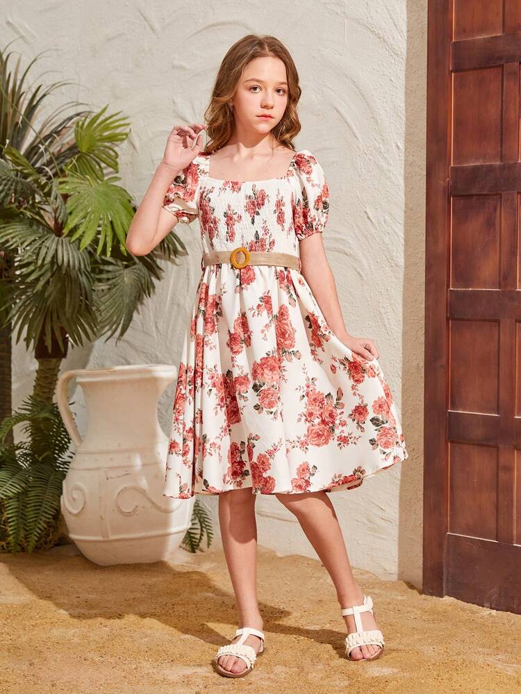 Tween Girl's Woven Floral Print Square Neckline Puff Sleeve Dress