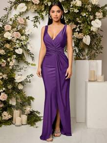 SHEIN Belle 女士無袖褶皺腰裙 - 紫色 - 查看 6