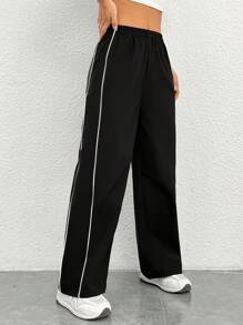 SHEIN PETITE Pantalones De Pierna Recta Con Color Contrastante Lateral - Negro - Ver 5
