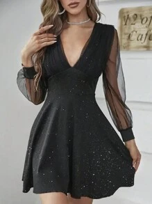 Women'S Embroidered Mesh Dress With Silver Foil Detail - Dark Grey - View 1