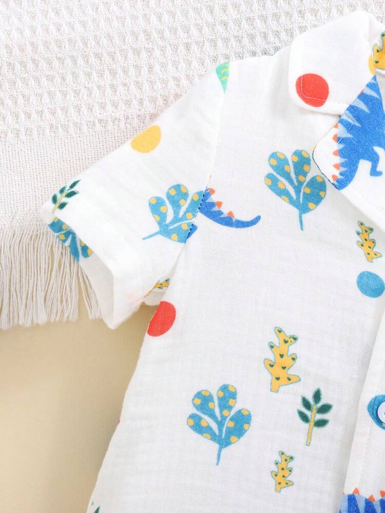 Baby Boys' Cute Dinosaur Printed Shirt And Shorts Homewear Set In Crinkle Fabric