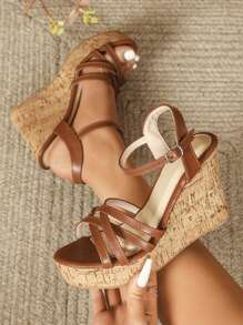 女式楔形高跟平台涼鞋 - 棕色 - 查看 1
