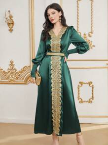 Al Najma Tiếng  Ả Rập Phong cách Của phụ nữ Thêu Cổ v Shirred Cuff Áo choàng Abaya Đầm - Màu xanh lá cây đậm - Xem 1
