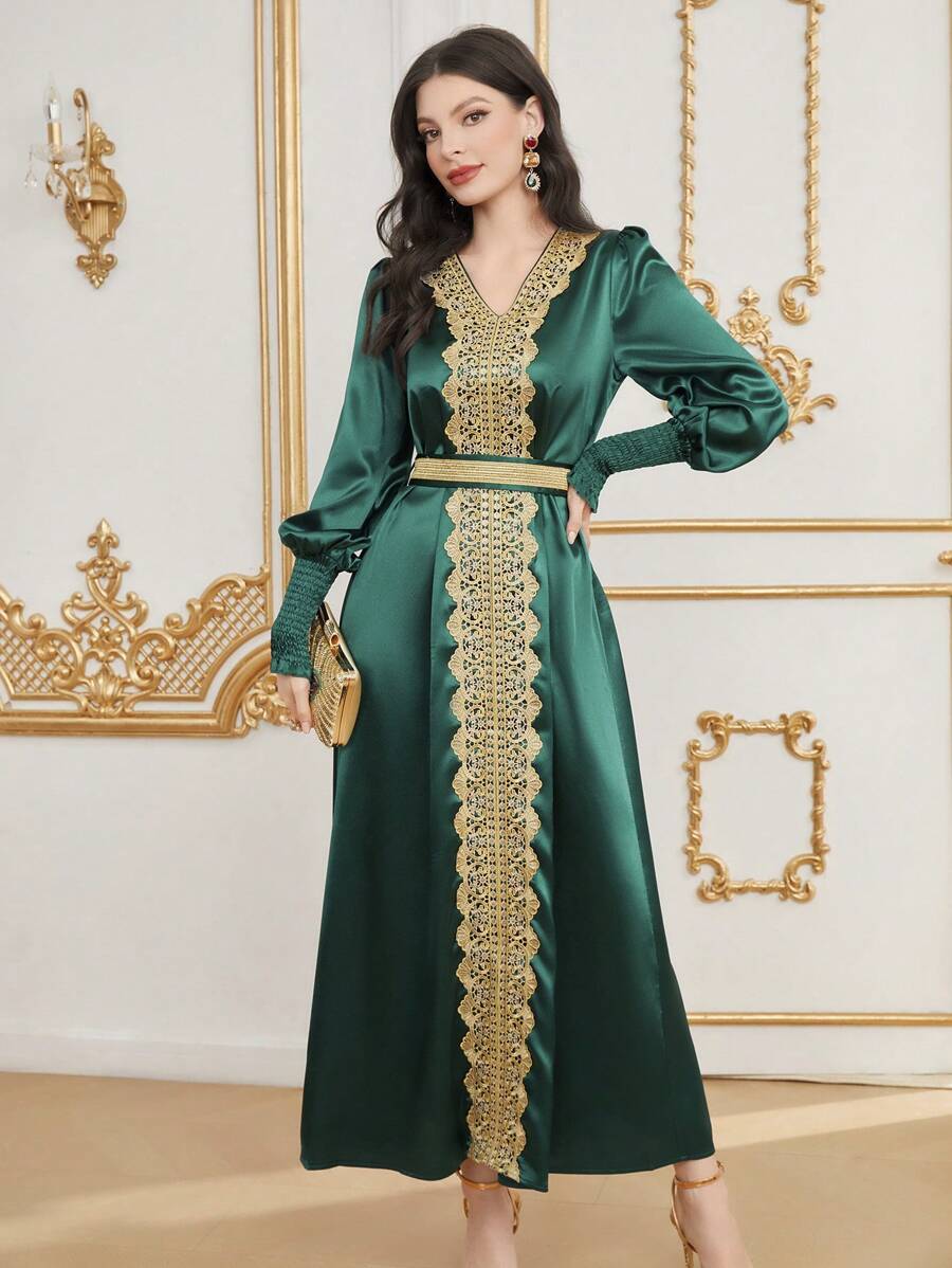 Al Najma Tiếng Ả Rập Phong cách Của phụ nữ Thêu Cổ v Shirred Cuff Áo choàng Abaya Đầm - Màu xanh lá cây đậm - Xem 1