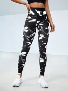 Easithlete 水墨圖案運動打底褲 - 黑與白 - 查看 2