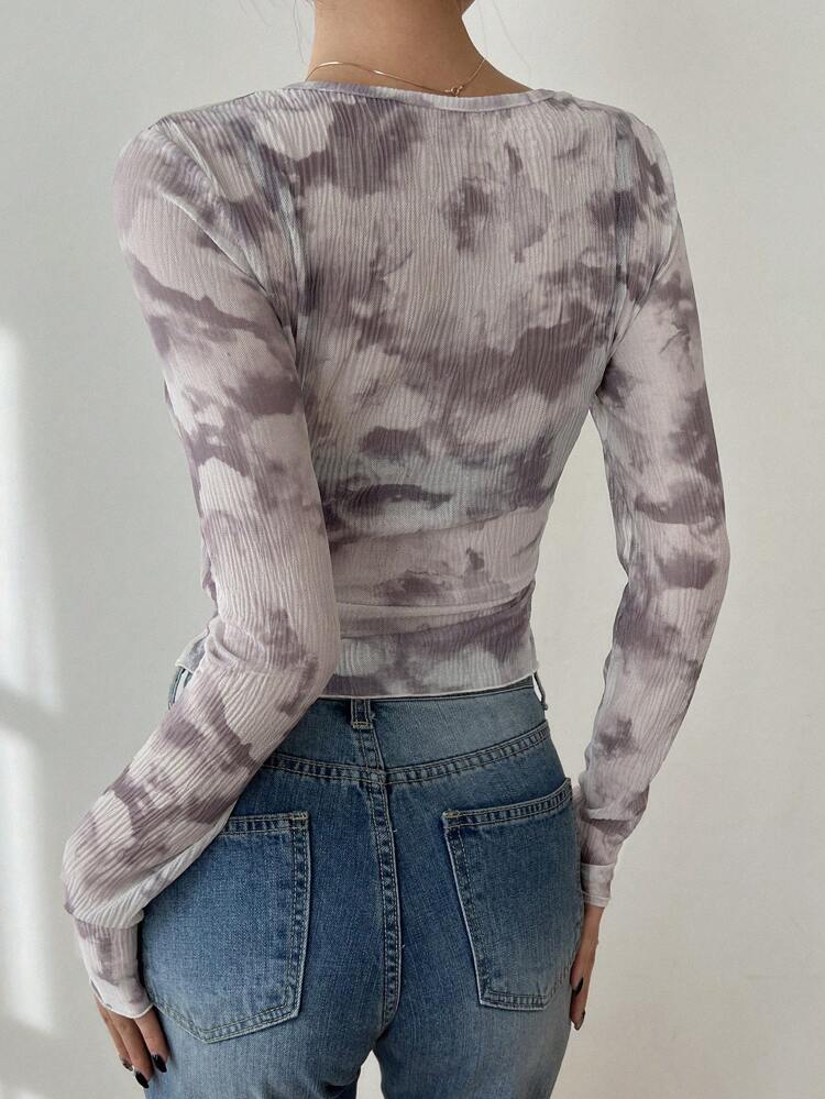 Women's Tie Dye Lettuce Hem Long Sleeve T-Shirt Sheer