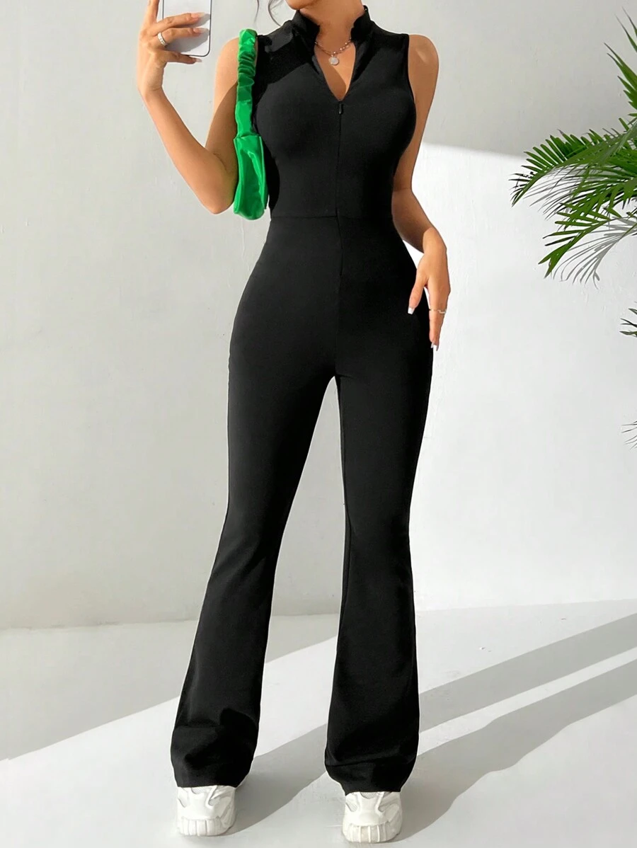 SHEIN EZwear Monos Para Mujer Con Cierre De Cremallera Frontal Y Cuello Alto De Color Sólido - Negro - Ver 1