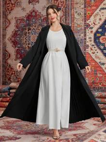 Al Najma Solid Color Lapel Collar Pleats Spliced Long Coat Abaya, Muslim Fashion Abaya For Casual/Festival/Gathering/Travel