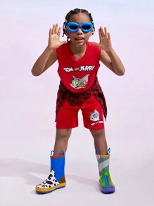 TOM & JERRY X SHEIN Tween Boy Cartoon Graphic Tank Top & Shorts Set - Red - View 7