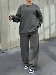 SHEIN Cottnline Ladies' Solid Color Drop Shoulder Sweatshirt And Sweatpants Set - Dark Grey - View 4