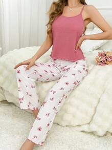 女款純色吊帶背心上衣和花朵印花長褲睡衣套裝 - 玫紅色 - 查看 4